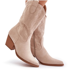 Botas Vaqueras De Mujer Con Tacón Alto Confeccionadas En Ante Ecológico Beige Claro Wendlis 15