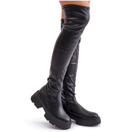 Botas por encima de la rodilla con plataforma y tacón plano confeccionadas en ecopiel, negro Loreviana 12