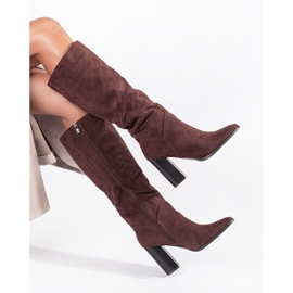 Botas altas de tacón para mujer en ante marrón 4
