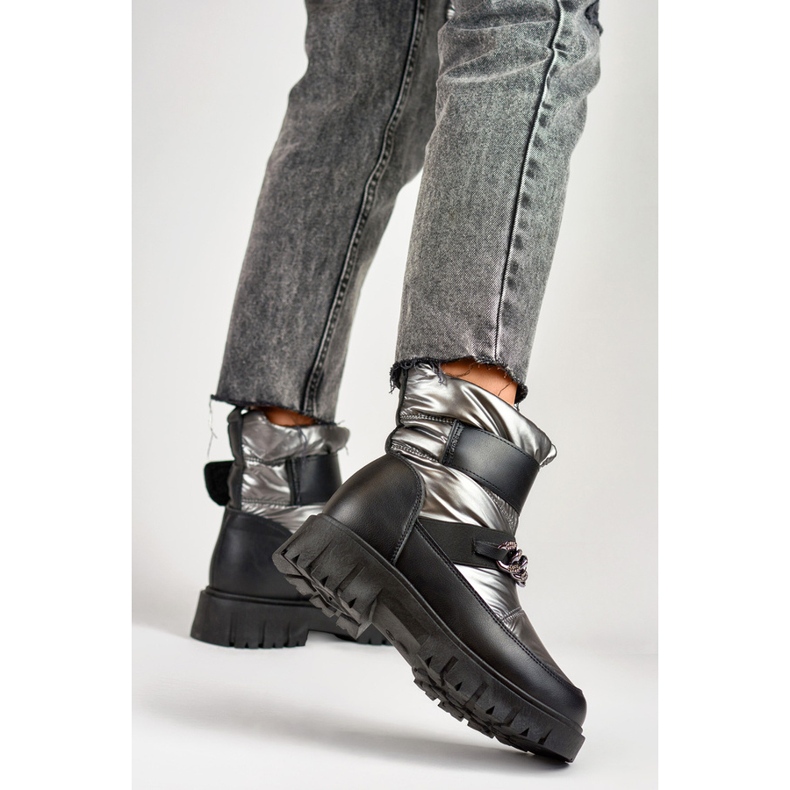 Botas de nieve mujer con cadena y velcro, plata metalizada JH-5SI 1 Botas de nieve mujer con cadena y velcro, plata metalizada JH-5SI 1