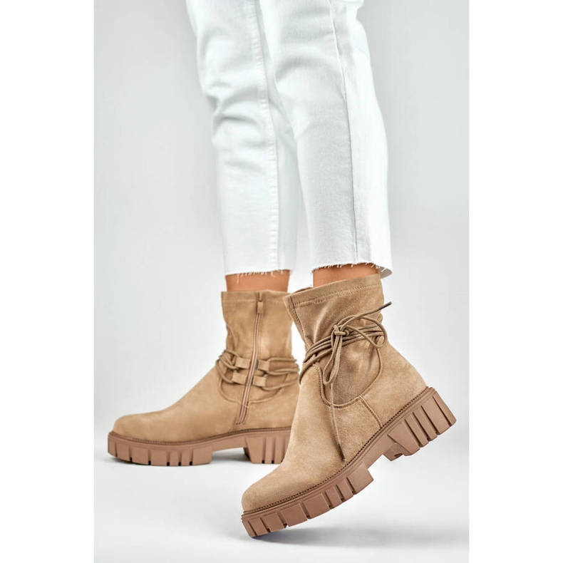 Botines de mujer con cordones elásticos en la parte superior, beige DE1127NU 2