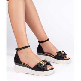 Seastar Sandalias cuña mujer negras con lazo negro 1