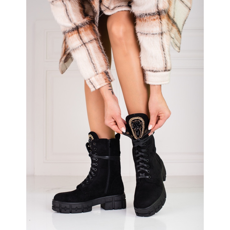 Botas obreras de ante para mujer con adorno, negro 1