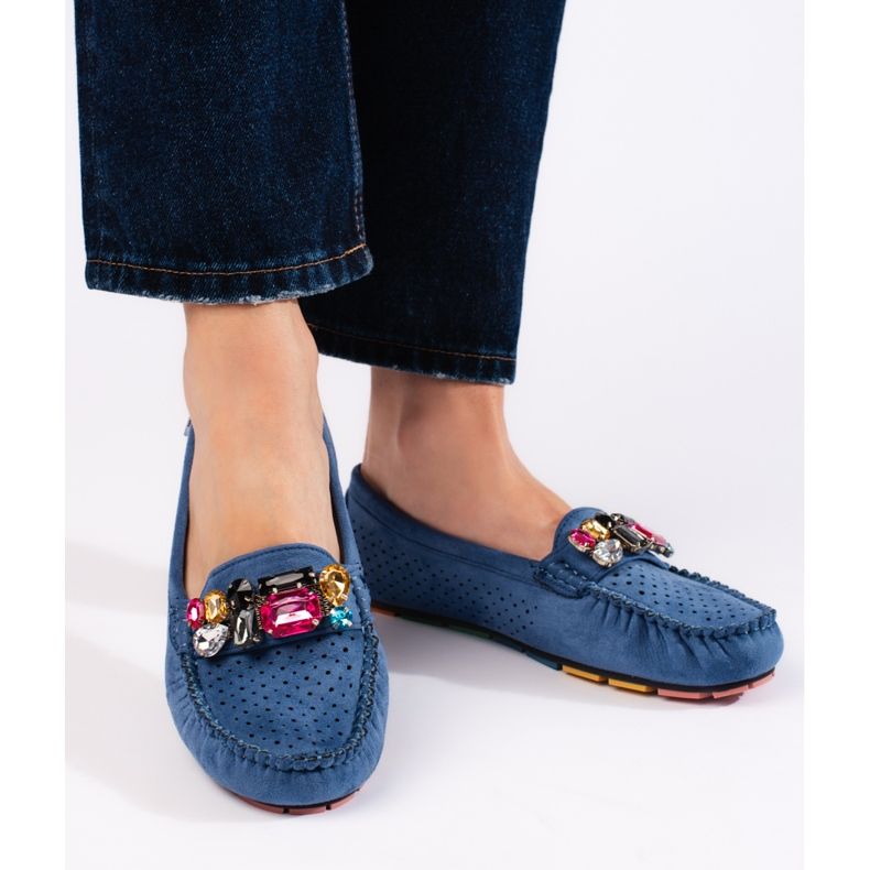 Goodin Mocasines de mujer azules calados con cristales 1