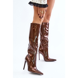 Botas aislantes de charol con tacón alto y hebilla, Tameliae marrón 2