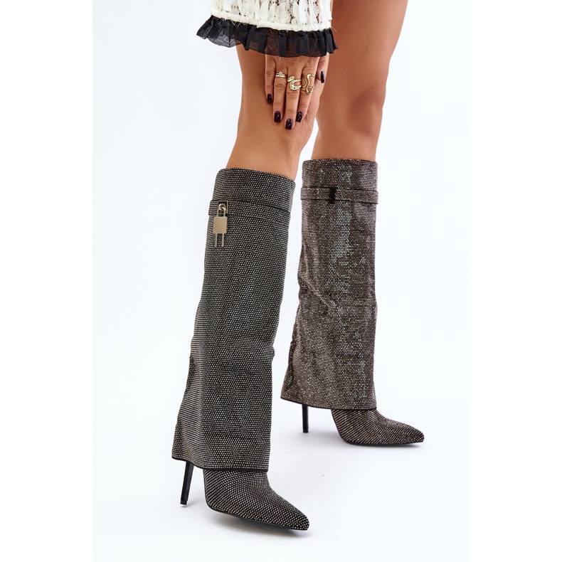 Botas negras de tacón alto sin cordones decoradas Enathlin con caña doblada negro 2 Botas negras de tacón alto sin cordones decoradas Enathlin con caña doblada negro 2
