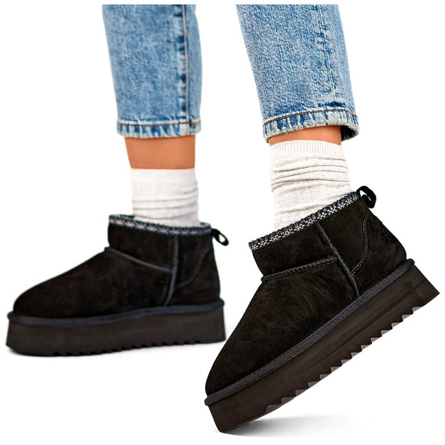 Botas de nieve de cuero negro, botas de invierno con aislamiento para mujer 2