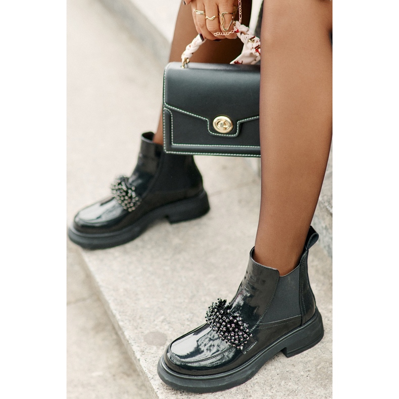 Botines de charol de piel con decoración, sin cordones con aislamiento, Negro Solimav 2