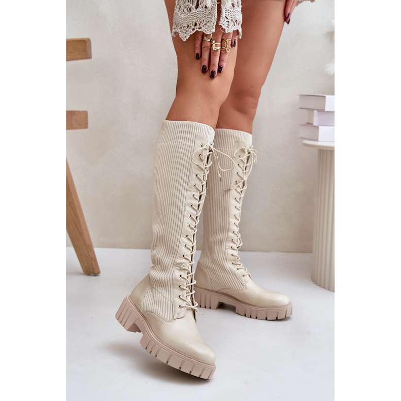 Botas estilo calcetín con cordones y tacón plano para mujer, beige Vamisha 2