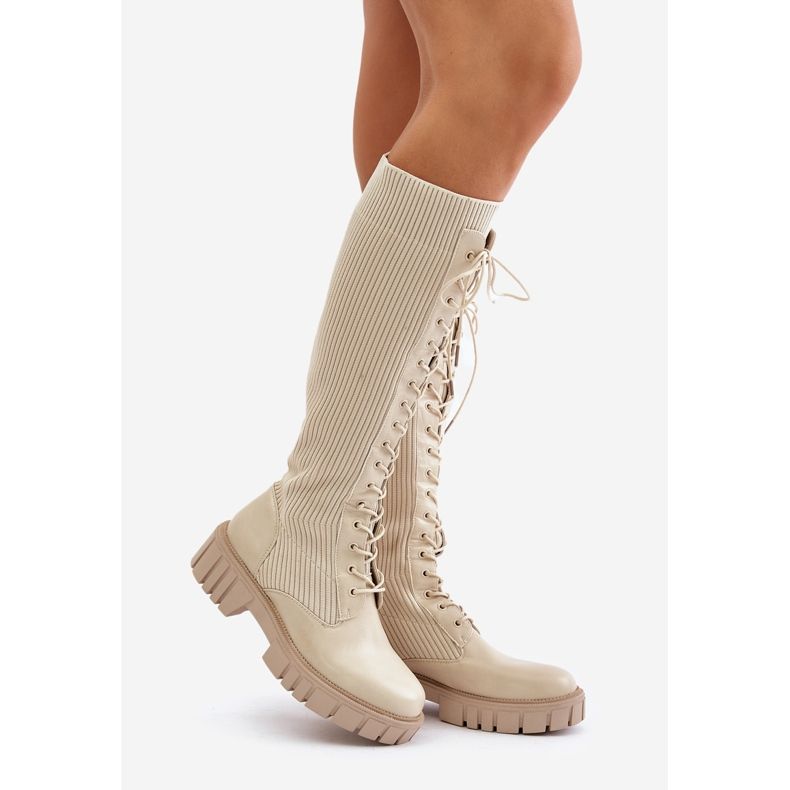 Botas estilo calcetín con cordones y tacón plano para mujer, beige Vamisha 1