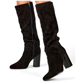 Botas de tacón de mujer de ante, botas hasta la rodilla con tacón de aguja negro 2 Botas de tacón de mujer de ante, botas hasta la rodilla con tacón de aguja negro 2