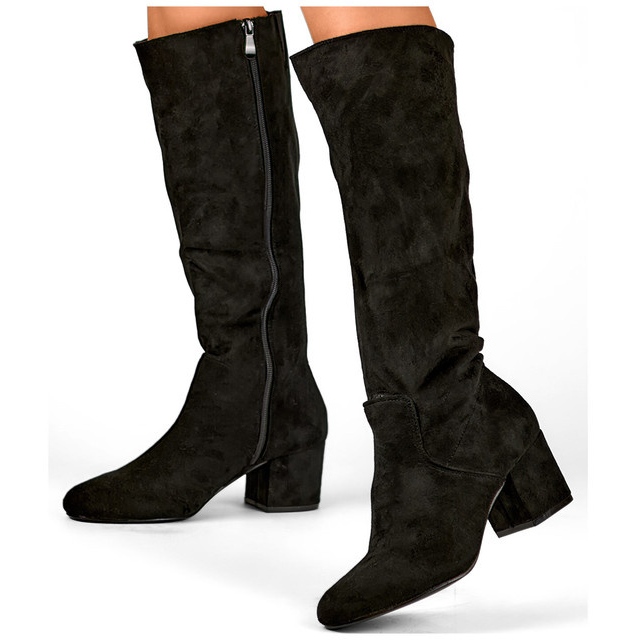 Botas hasta la rodilla de ante negro, botas de tacón bajo para mujer 2 Botas hasta la rodilla de ante negro, botas de tacón bajo para mujer 2