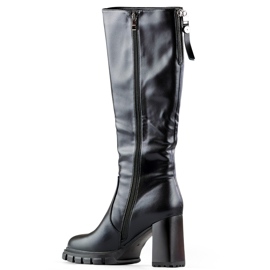 Botas negras hasta la rodilla con tacones altos, botas de mujer aisladas con tacón, cuero ecológico negro 4