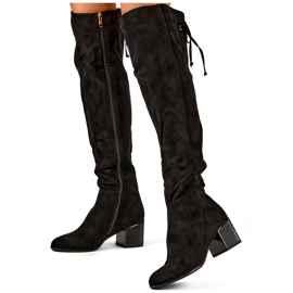 Botas de mujer por encima de la rodilla, botas largas con cordones y tacón bajo negro 3