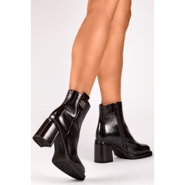 Botines de tacón de charol para mujer, zapatos de tacón de piel con aislamiento negro 3