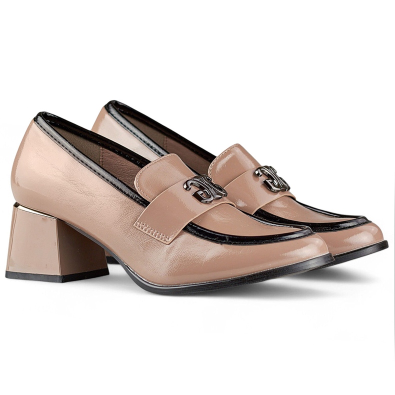 Zapatos de tacón bajo charol beige, zapatos de salón de tacón para mujer 2