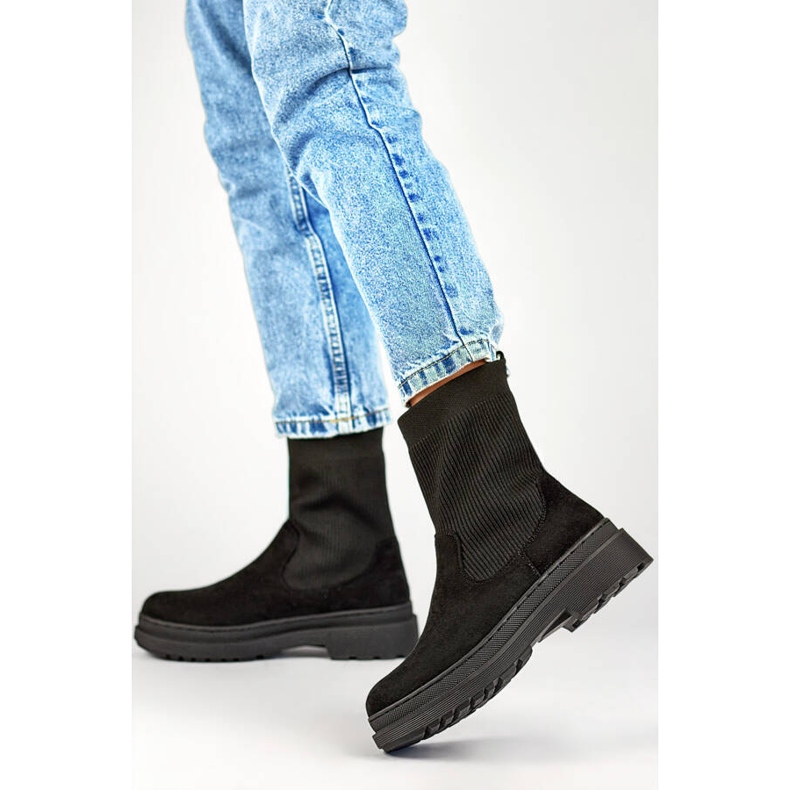 Botines de ante para mujer con parte superior estilo calcetín, negro HB-175B 2 Botines de ante para mujer con parte superior estilo calcetín, negro HB-175B 2