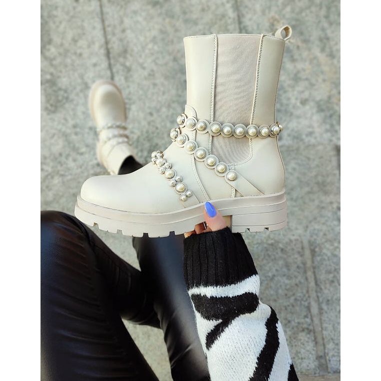 Botas Chelsea de mujer con perlas, beige 58090-1BE 2