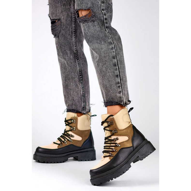 Botines mujer con cordones beige y negro A-852KH 2