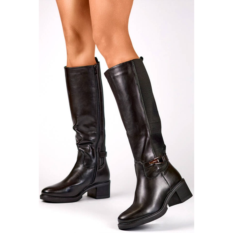Botas de mujer de tacón bajo con goma elástica, negro FC29B 1