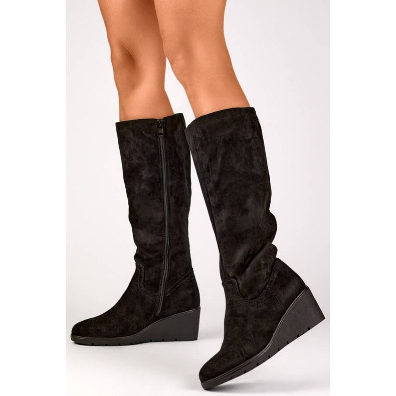 Botas de cuña de ante para mujer, negro, YL159B 1