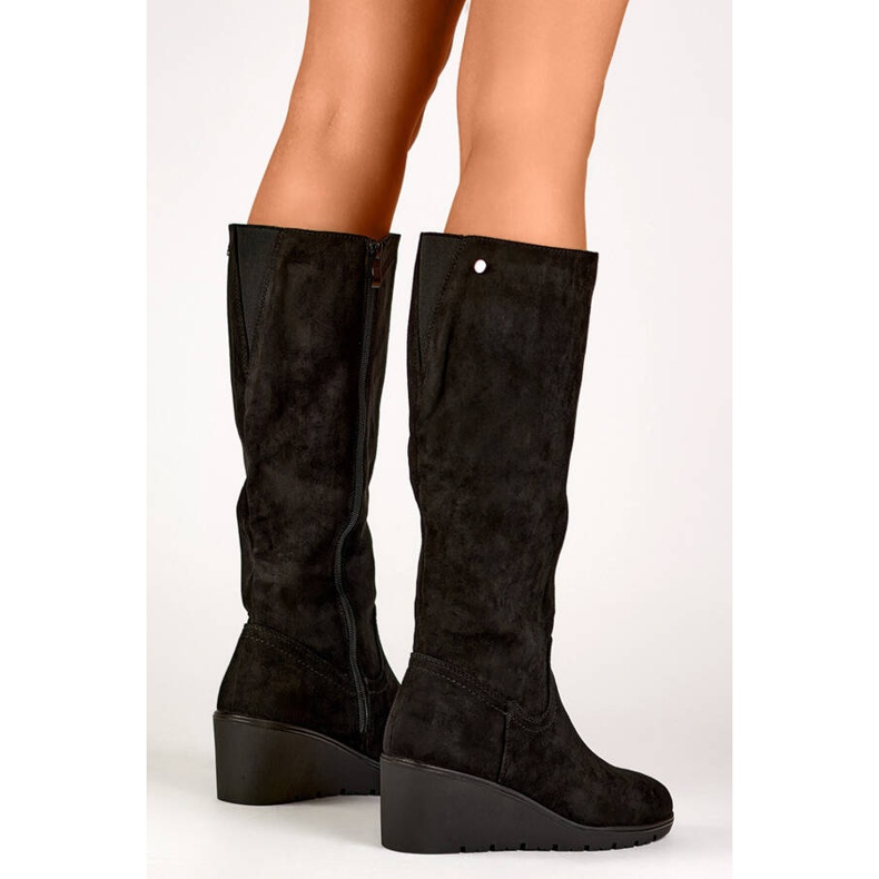 Botas de cuña de ante para mujer, negro, YL159B 2