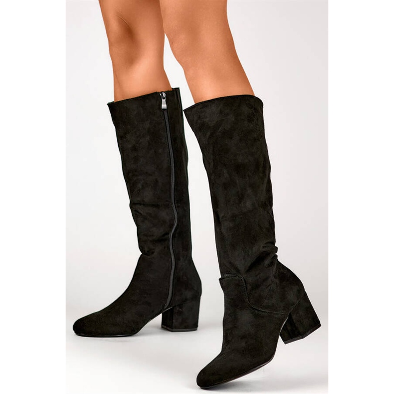 Botas de mujer de ante con tacón bajo, negro 23063B 1