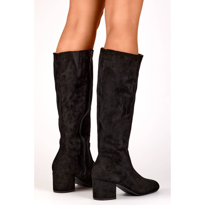 Botas de mujer de ante con tacón bajo, negro 23063B 2