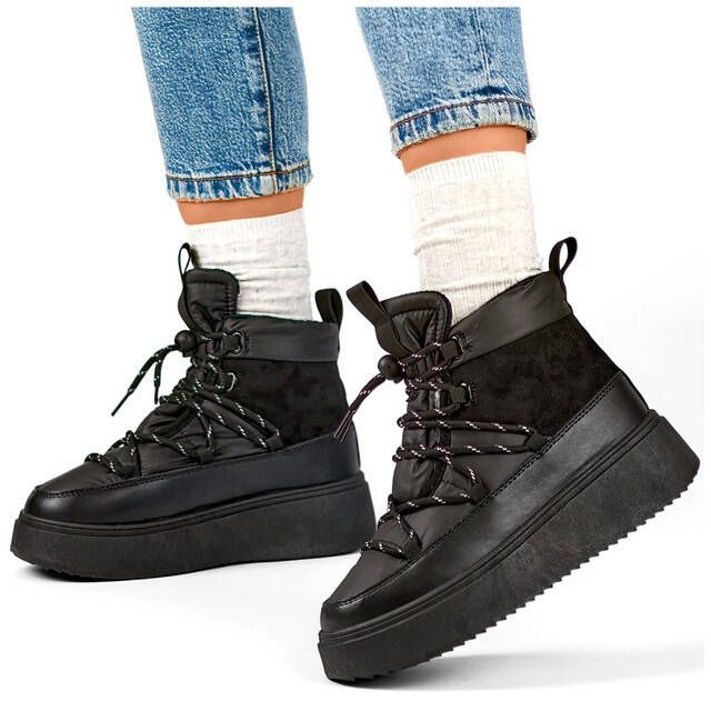 Botas de nieve para mujer con cordones y suela gruesa, negro 24-72302B 1