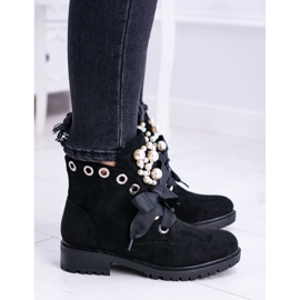 Botas Aislante De Ante Con Perlas Y Lazo, Perla Negra negro 4