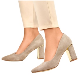 Zapatos de salón para mujer con punta en punta y tacón decorativo, ante beige GD-DO112A-BE 4