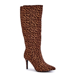 STEPHAN Botas aislantes marrones confeccionadas en ante ecológico con tacón con estampado de leopardo marrón 3