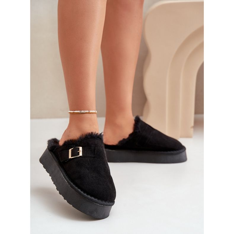 Zapatillas de mujer con suela gruesa con pelo y hebilla, Negro Linneola 2