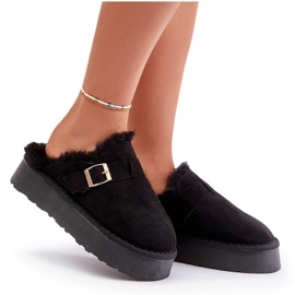 Zapatillas de mujer con suela gruesa con pelo y hebilla, Negro Linneola 8