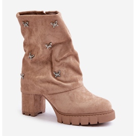 Botines decorados con parte superior vuelta y tacón alto, Beige Esadora 4