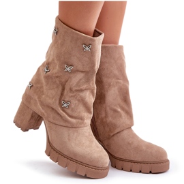 Botines decorados con parte superior vuelta y tacón alto, Beige Esadora 10