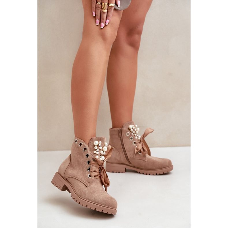 Botas Aislante De Ante Con Perlas Y Lazo, Beige Perla 2