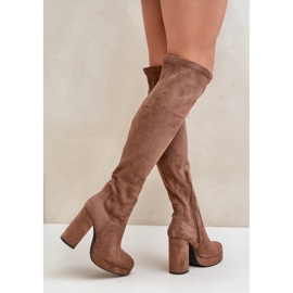 Botas de tacón alto y plataforma con pala por encima de la rodilla Ante ecológico Beige oscuro Zistaria 5