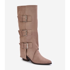Botas de tacón alto beige con parte superior vuelta y hebillas, Beige Vmissa 4