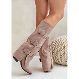 Botas de tacón alto beige con parte superior vuelta y hebillas, Beige Vmissa 6