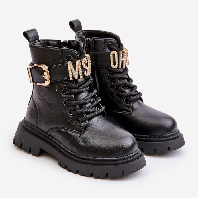 Botas Cálidas de Niña en Piel Ecológica con Tira Decorativa, Negro Gilian 1