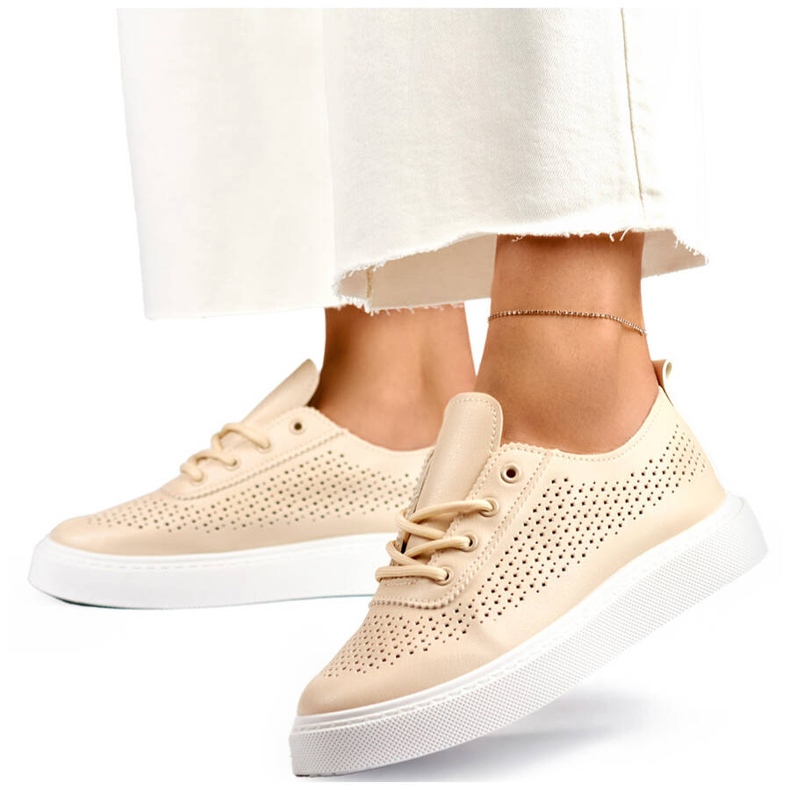 Zapatos de mujer con plataforma, calados, deportivas beige 777-1BE 1