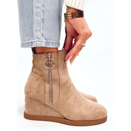 Botas de mujer con cuña y cremallera dorada, caqui-beige 3