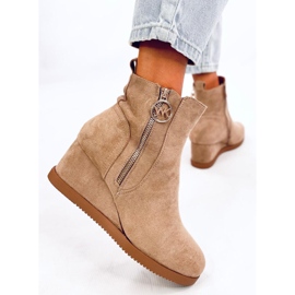 Botas de mujer con cuña y cremallera dorada, caqui-beige 4