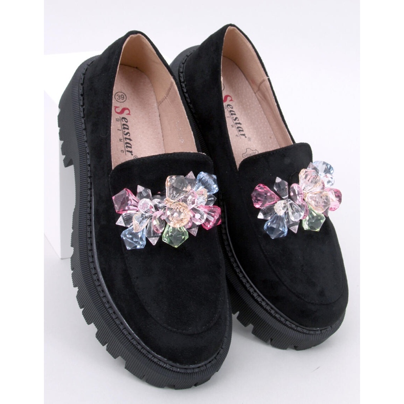 Mocasines de mujer con plataforma y piedras, negro 1