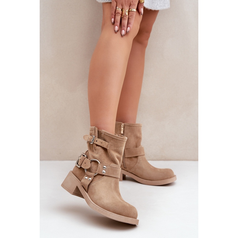 Botas Mujer Ante Tacón Bajo Bloque Con Tiras Zazoo 3644 Beige 2