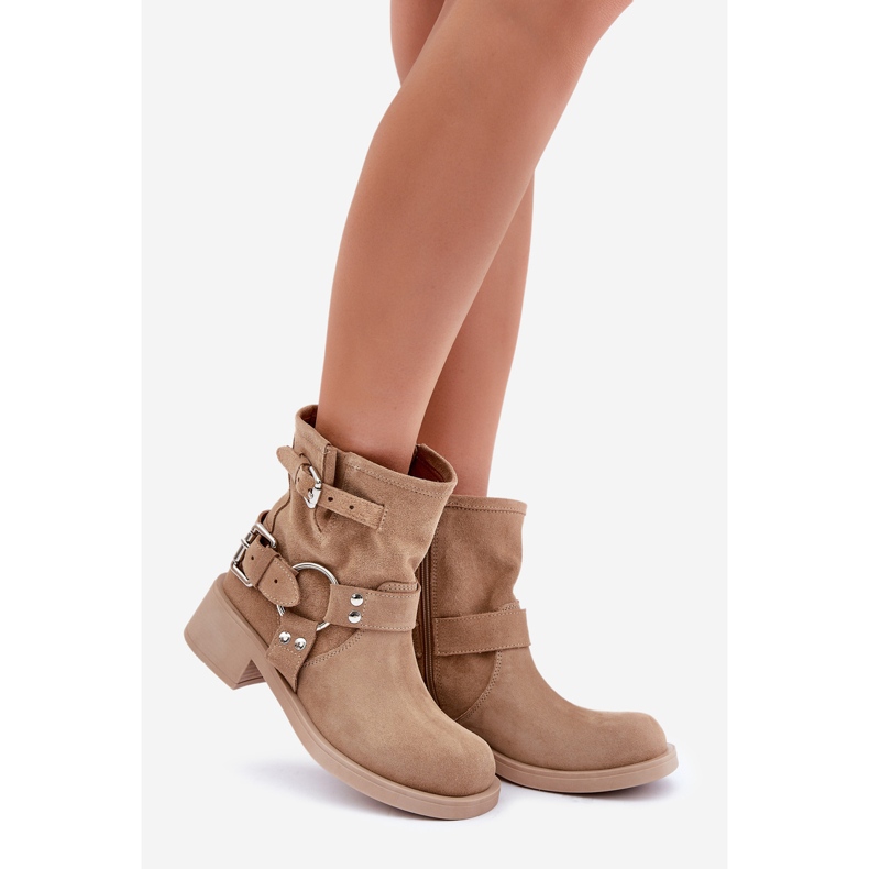 Botas Mujer Ante Tacón Bajo Bloque Con Tiras Zazoo 3644 Beige 1