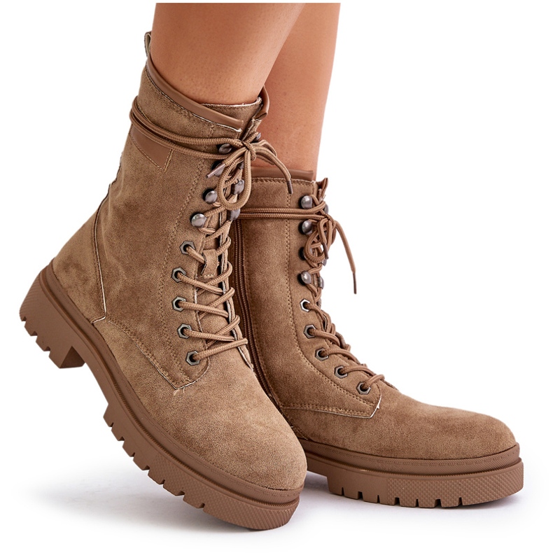 Botas Obreras Mujer Con Cremallera Fabricadas En Gamuza Ecológica, Beige Oscuro 4