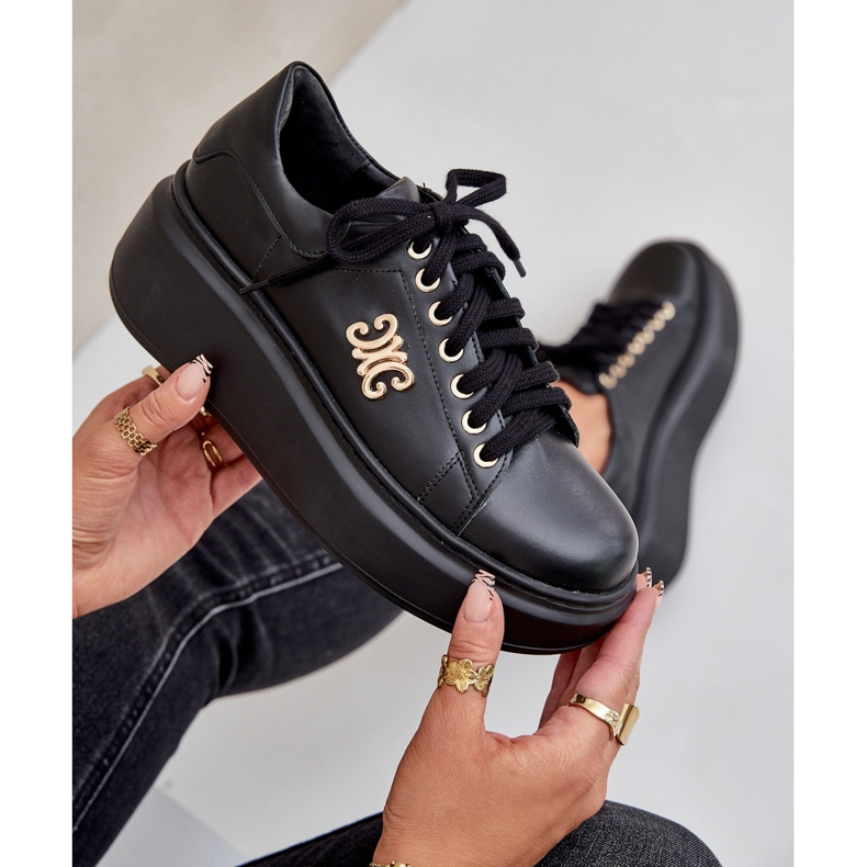 Deportivas de Piel Natural con Plataforma Decoración Dorada Lewski 3428 Negro 2 Deportivas de Piel Natural con Plataforma Decoración Dorada Lewski 3428 Negro 2