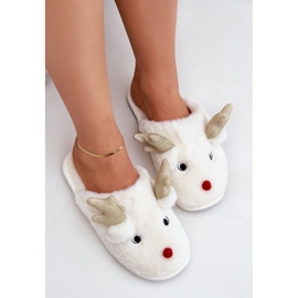 Pantuflas Navideñas con Motivo de Renos, Peludas, Blanco 5